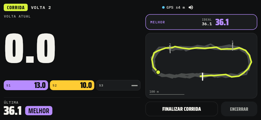 Tela de pista do Nowalli: a volta atual correndo, os setores S1 e S2 coloridos e o traçado da pista no mapa.
